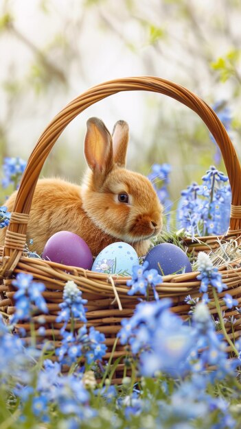 conejo en una canasta con hermosas flores azules y huevos de Pascua