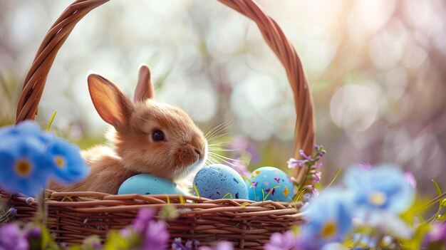 conejo en una canasta con hermosas flores azules y huevos de Pascua