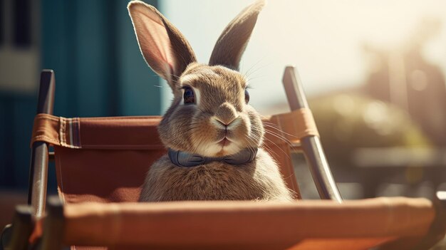 Un conejo en una canasta con pajarita se sienta en una silla.