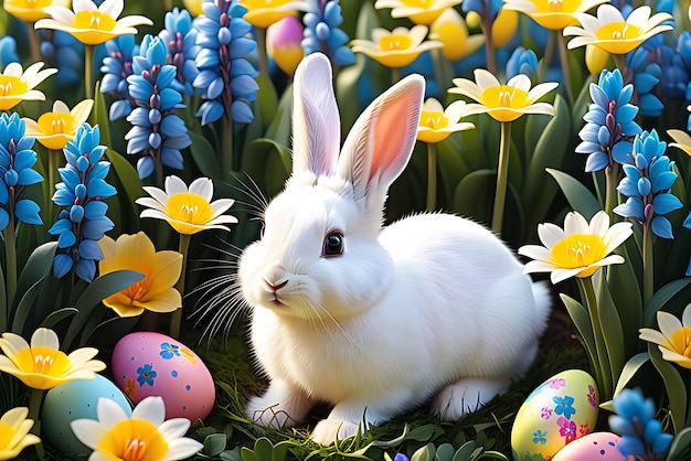 Conejo en la canasta de Pascua con huevos decorados y flores IA generativa