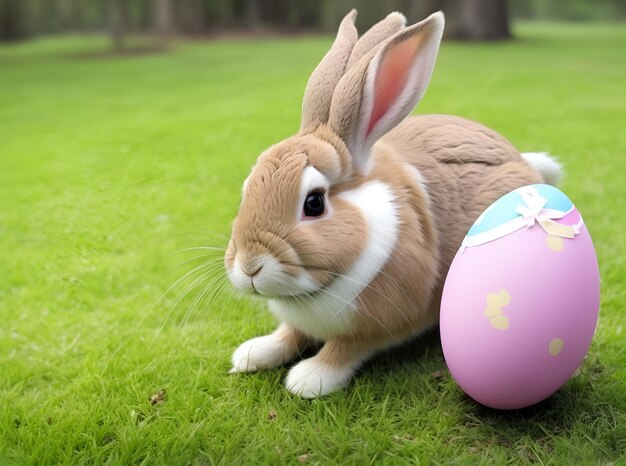 un conejo con una cara de conejo y un huevo en el césped