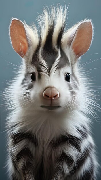 un conejo con una cara rayada y orejas y un pelaje negro y blanco recortado en blanco