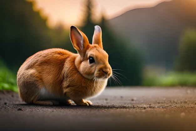 Un conejo en una carretera con una montaña al fondo.
