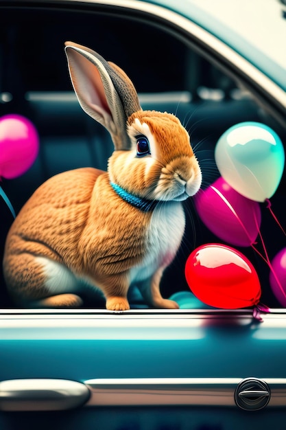 Un conejo en un carro con globos al fondo