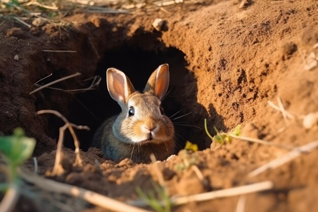 Foto conejo cava una madriguera en la tierra