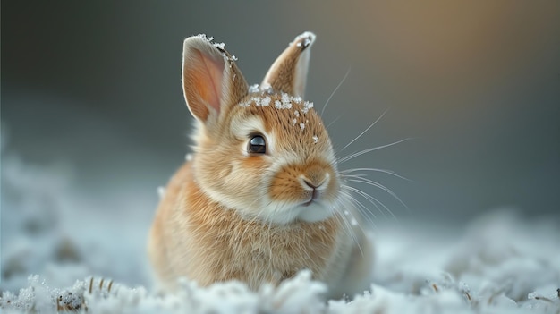 Un conejo cervo con orejas cubiertas de nieve se sienta en la hierba nevada