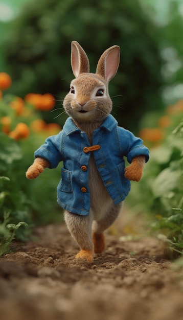 Un conejo con una chaqueta azul camina por un jardín.