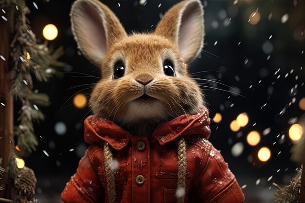 un conejo en una chaqueta roja con una chaquette roja en ella