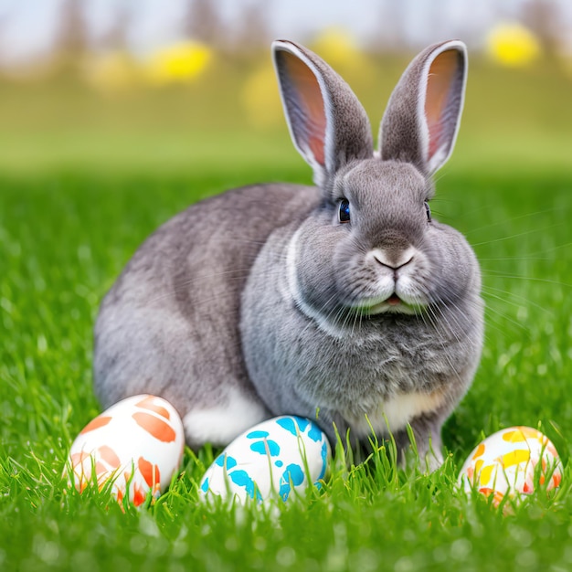 Conejo Chinchilla americano peludo y tranquilo sobre hierba verde con huevo de pascua