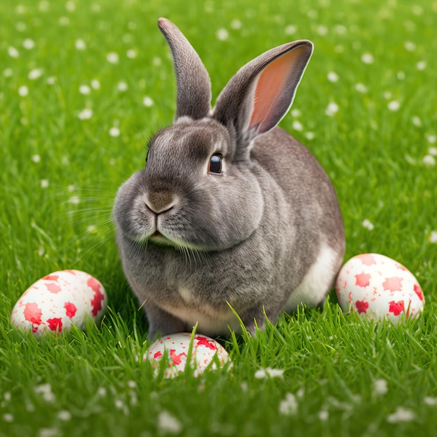 Conejo Chinchilla estándar peludo y tranquilo sobre hierba verde con huevos de Pascua