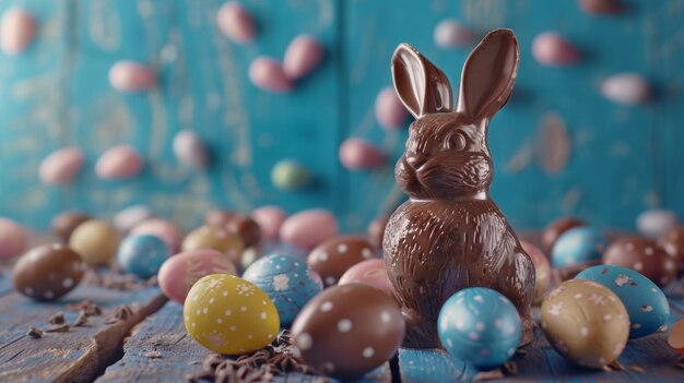 Conejo de chocolate de Pascua y huevos coloridos en mesa de madera y fondo azul