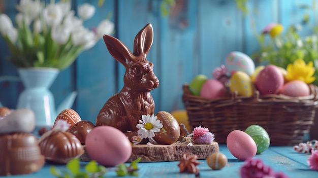 Conejo de chocolate de Pascua y huevos coloridos en mesa de madera y fondo azul