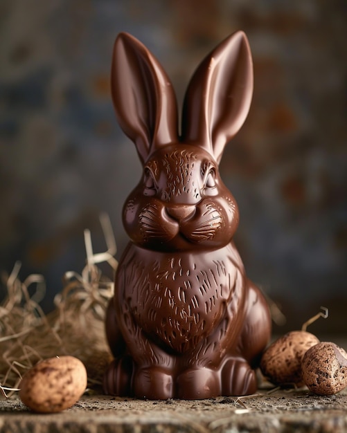 Conejo de chocolate de Pascua con huevos en un fondo de madera rústico enfoque selectivo