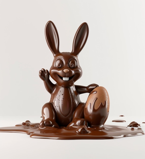 Conejo de chocolate sentado en salsa de chocolate sosteniendo un huevo de Pascua 3D