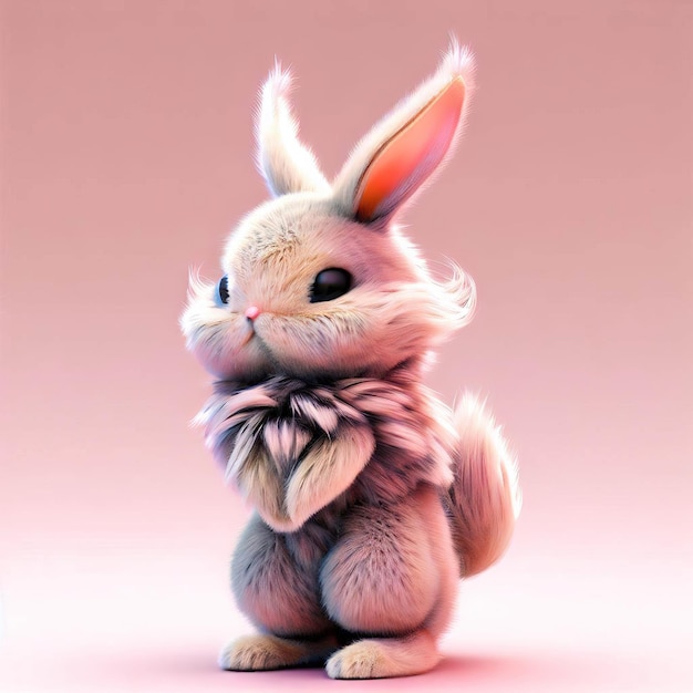 Un conejo con una cola esponjosa se encuentra sobre un fondo rosa.