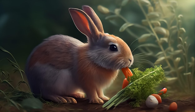 Conejo comiendo zanahoria realista felices pascuas