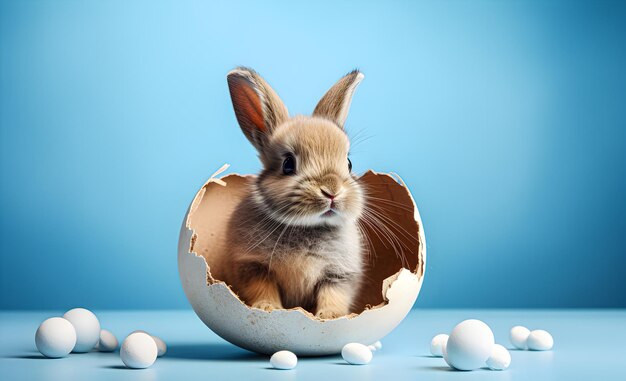 Conejo en concha rota Huevos de Pascua aislados en fondo azul