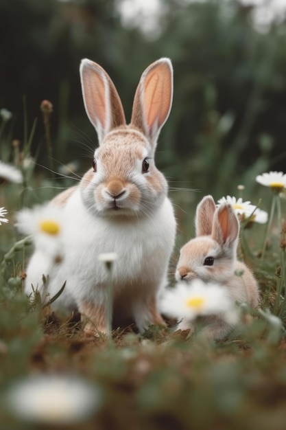 Un conejo y un conejito en un campo de margaritas.
