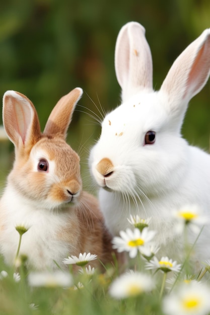 Un conejo y un conejo blanco están en un campo de margaritas.