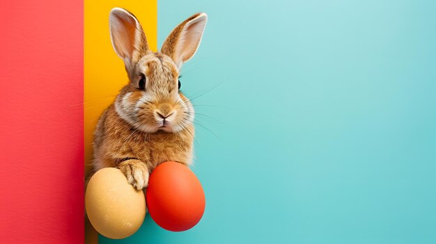 Foto un conejo con un conejo en la cabeza se sienta entre dos huevos