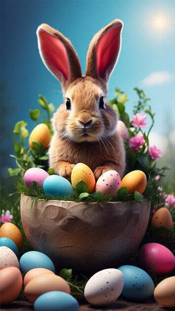 un conejo con un conejo en el césped con huevos en el fondo