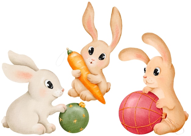 Conejo y conejo conjunto de acuarelas conejos y conejos dibujados a mano en diferentes colores liebre de Pascua