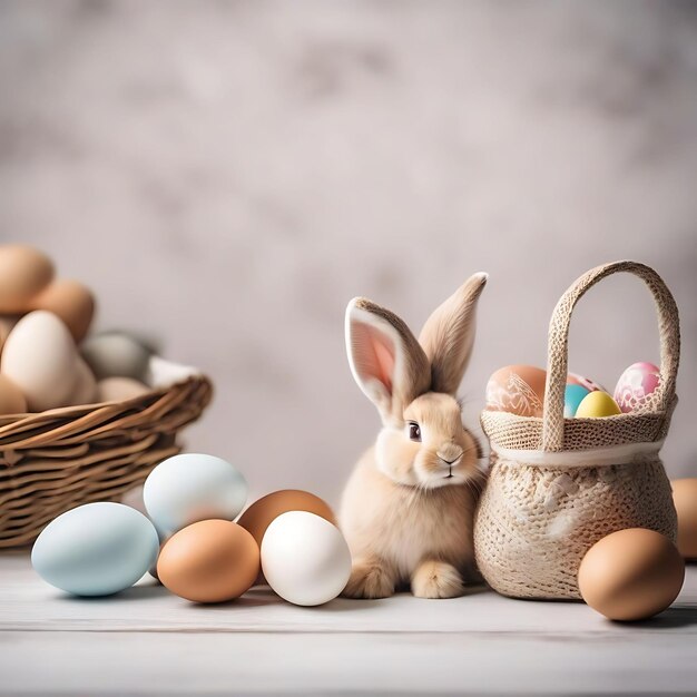 un conejo conejo está sentado junto a una canasta de huevos