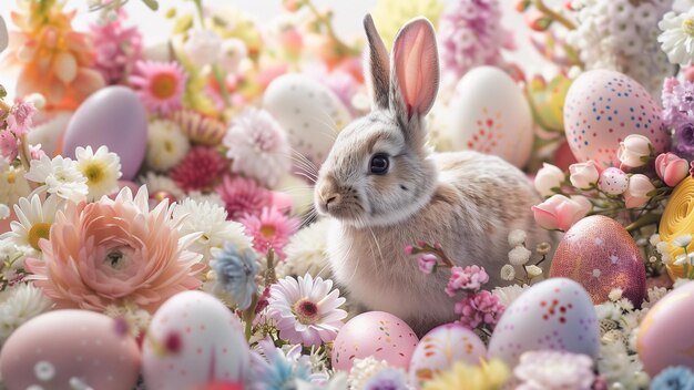 un conejo con un conejo en el medio de las flores