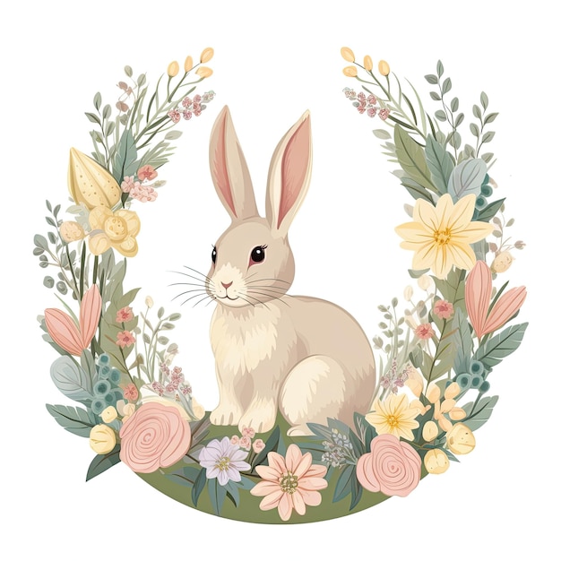 Conejo y corona floral Ilustración de dibujos animados lindo Conejo floral de Pascua Clipart Generado por IA