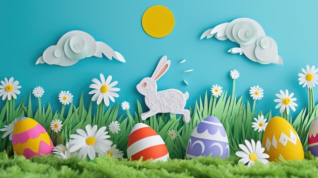 Un conejo cortado en papel artístico y huevos en un prado lleno de flores