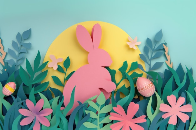 Un conejo cortado en papel rodeado de flores, huevos y hierba en un paisaje natural
