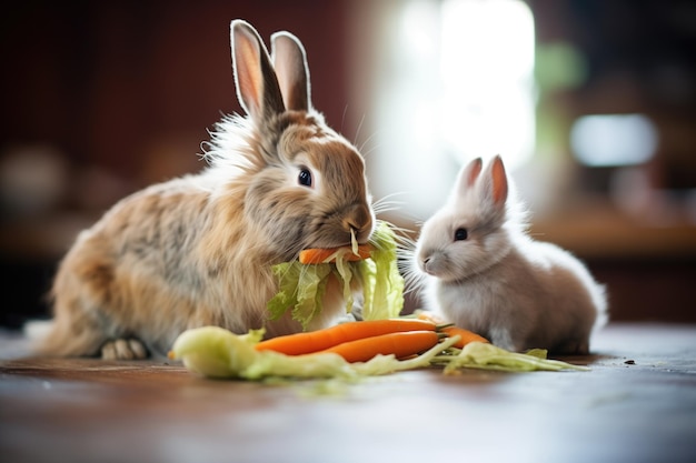 Foto conejo con crías comiendo zanahorias