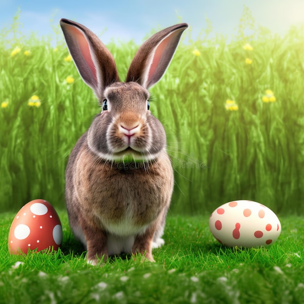 Conejo a cuadros peludo y tranquilo sentado en la hierba verde con huevos de pascua
