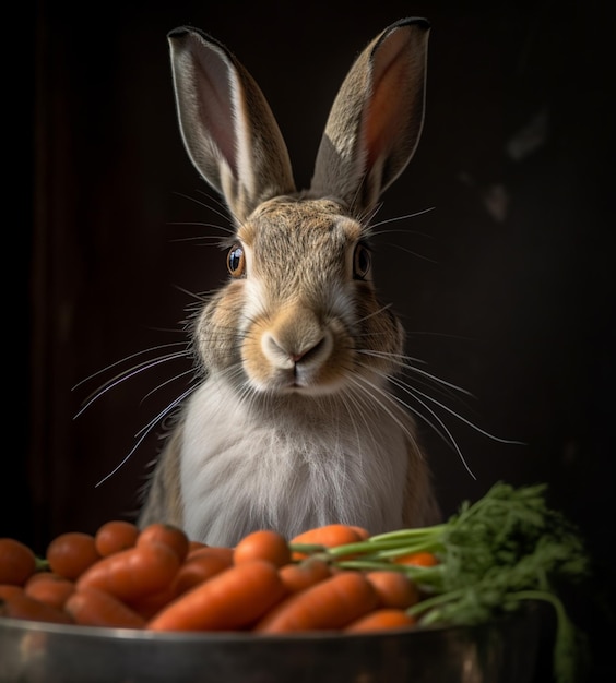 Un conejo con un cuenco de zanahorias delante.