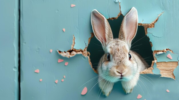 Foto un conejo curioso mirando a través de un agujero de madera azul