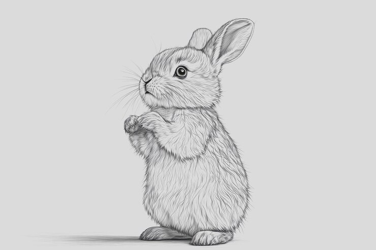 Foto un conejo curioso de pie en sus patas traseras con detallados contornos en blanco y negro