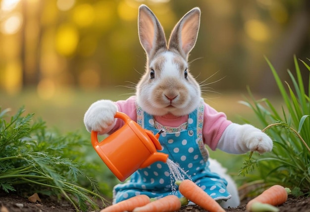 El conejo en el delantal PolkaDot regando zanahorias brillantes como joyas