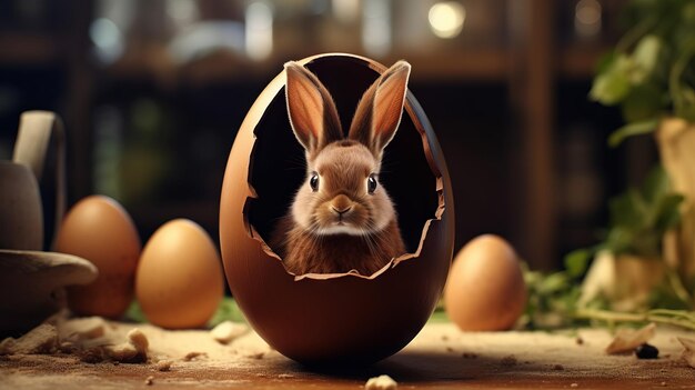 Conejo dentro de un huevo de chocolate en una mesa de madera Huevo de Pascua y conejo