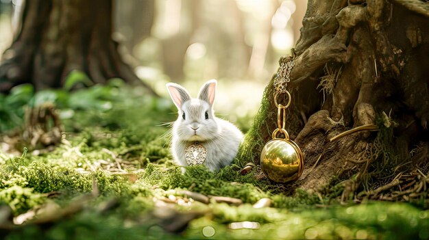 El conejo del día de primavera encuentra un reloj antiguo