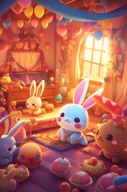 Un conejo de dibujos animados está rodeado por un montón de otros juguetes de conejo.