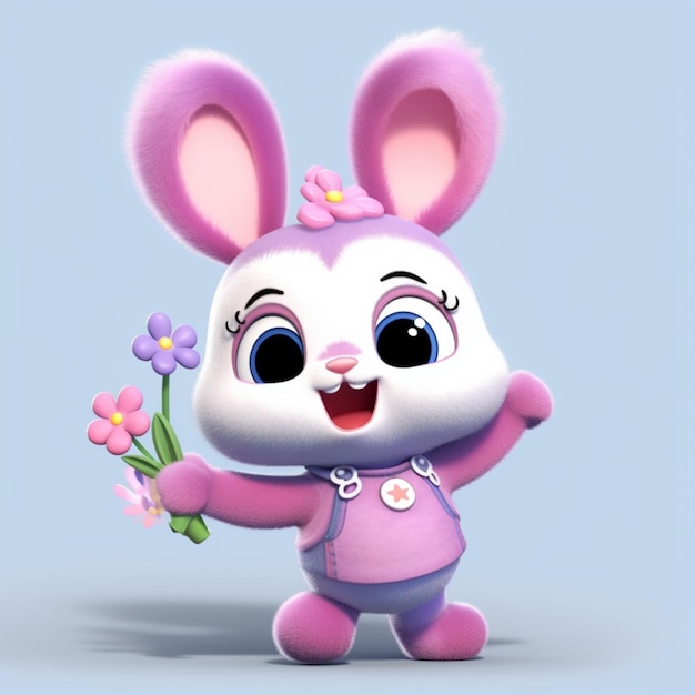 Foto un conejo de dibujos animados con una flor en la mano.