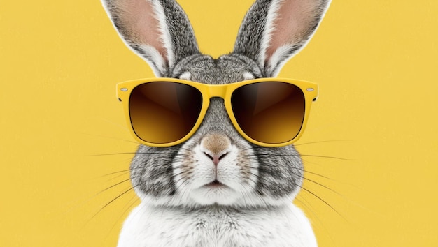 Un conejo de dibujos animados juguetón con gafas de sol contra un fondo amarillo brillante