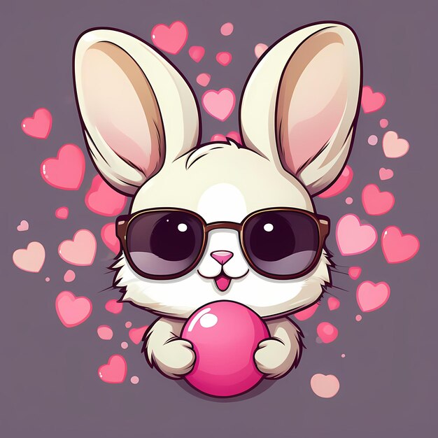 Foto conejo de dibujos animados kawaii con gafas de sol y un lazo rosa el día de pascua