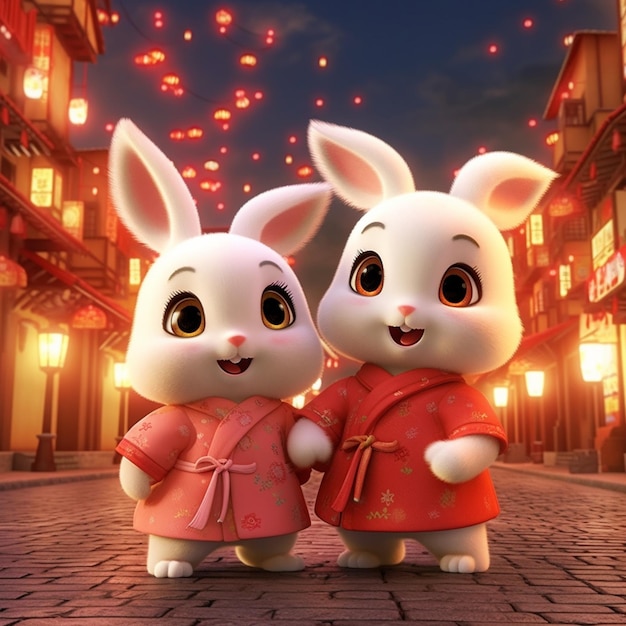 Un conejo de dibujos animados con un kimono y tomados de la mano frente a una linterna china.