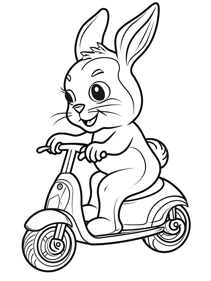 un conejo de dibujos animados montando un scooter página de colorear
