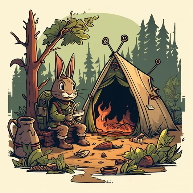 un conejo de dibujos animados sentado frente a una tienda con un fuego de campamento generativo ai