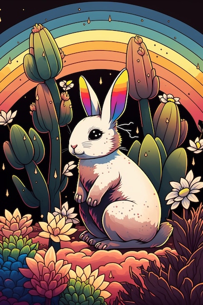 Un conejo de dibujos animados se sienta en un jardín con un arco iris en la parte inferior.