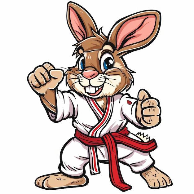 Un conejo de dibujos animados con un uniforme blanco de karate con un cinturón rojo y una faja blanca de pie en una postura de lucha