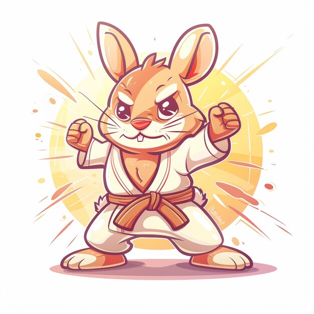 Un conejo de dibujos animados en un uniforme de karate blanco con un cinturón marrón se encuentra en una postura de lucha con una expresión determinada