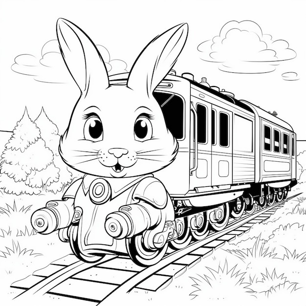 Foto un conejo de dibujos animados está en las vías con un tren.